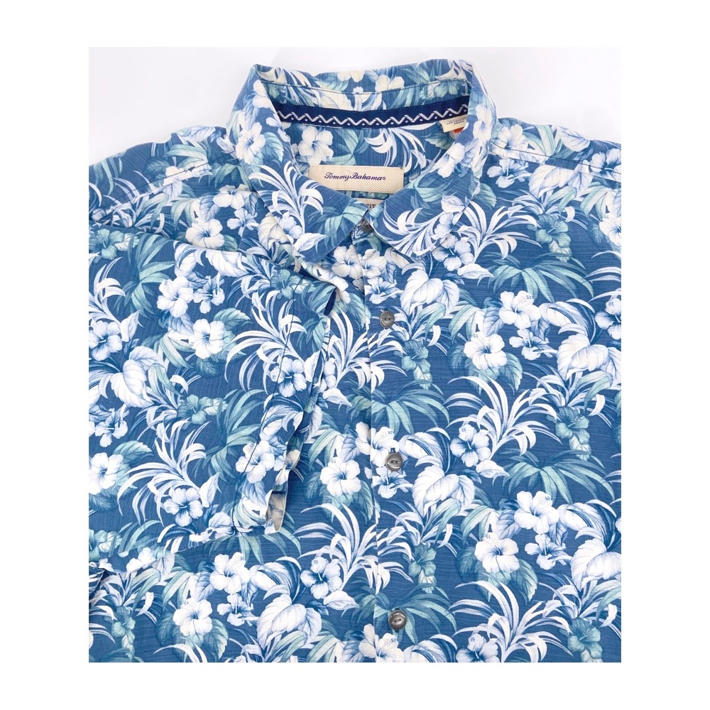Tommy Bahama Blue /White Hibiscus Floral 100% Sillk Short Sleeve Shirt Size- Lrg